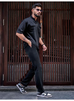 Maniac Mens Solid Polo Neck 3/4th Sleeve Black Cotton Oversized T-Shirt  - Image 5