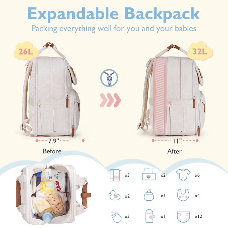 mommore Diaper Bag Backpack, Large Diaper Bag Expandable for 2 Kids/Twins, Durable Baby Bag with Changing Pad, Water Resistant Travel Diaper Backpack for Mom Dad - Image 2