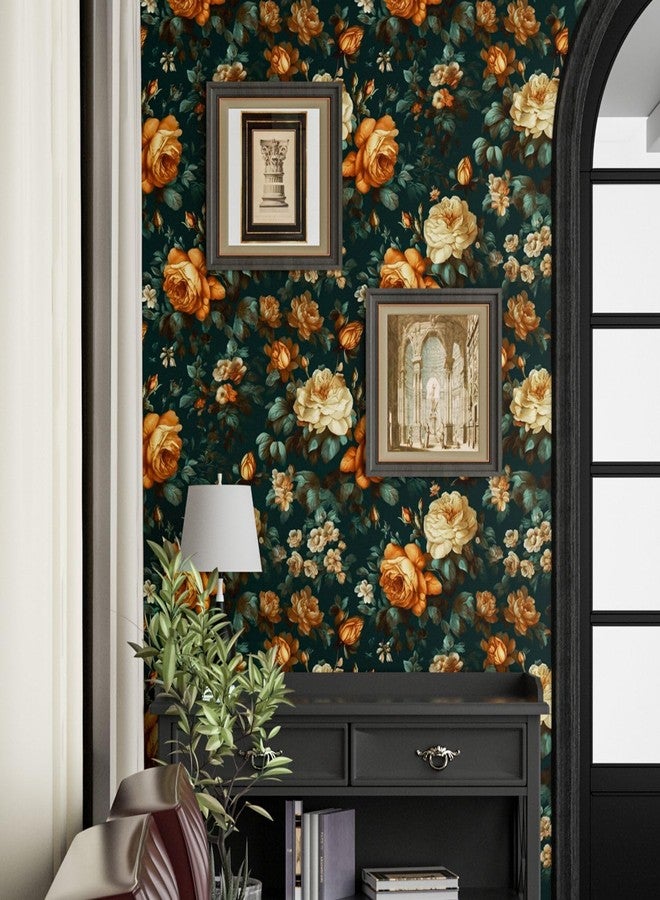 Fvlow Glowing Floral Peel and Stick Wallpaper Vintage Dark Green Wallpaper Vinyl Wrap Kitchen Worktop Covering Self Adhesive Thick Flowers Contact Paper for Cabinets Drawers Sticker Decor 17.4" x 394" - Image 2