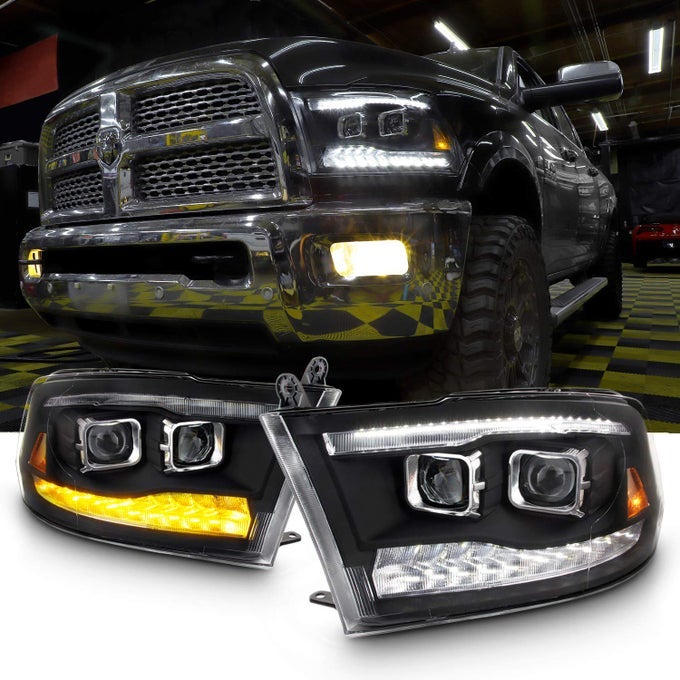 For 0918 Dodge Ram 1500 2500 3500 Upgrade Projector Bar Led Black Housing Headlights With Light Bulbs Set