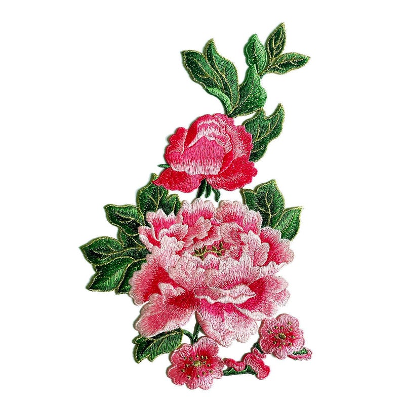 Buysk 1 Piece Sew on Embroidered Applique Floral Patches Beautiful Flower Patches for Sew on Clothes Jackets Hat DIY Decoration Pink Peony - Image 3