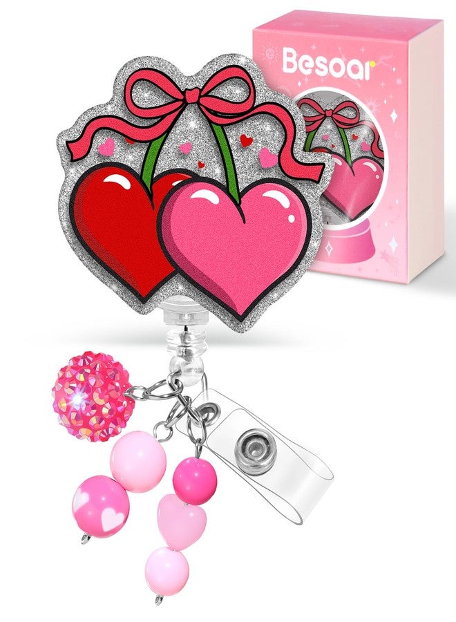 Besoar Valentine Badge Reel Holder Clip - Cute Heart Pink Cherries Retractable ID Name Card Badge Reel with Charm Alligator Clip, Office Nurse Nursing Medical Worker Student Accessories Gifts - Image 1