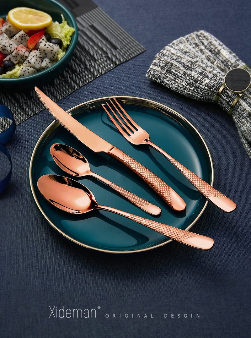 Xideman 16-Piece â€‹Modern Copper Hammered Silverware Set with Ultra Sharp 2-IN-1 Serrated Knife, Rose Gold 18/10 Stainless Steel Flatware Set, Utensil Cutlery Set for 4 Person, Forks Spoons Knives Set - Image 2
