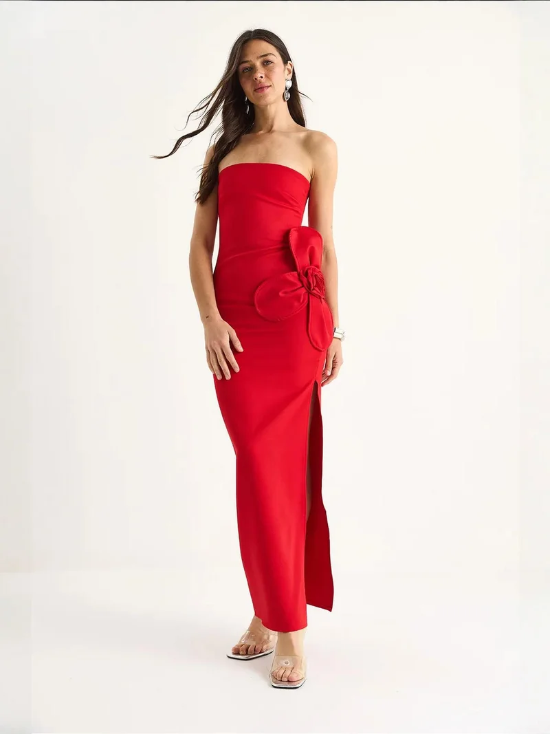 بيانكو لوتشي فستان ماكسي بدون حمالات بطبعة زهور مع تفاصيل فيونكة