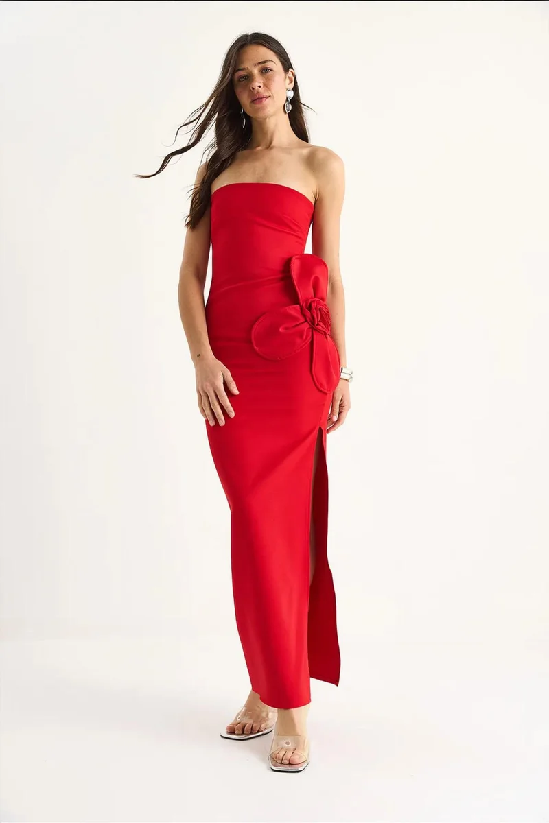 Bianco Lucci LUCCI Strapless Floral Maxi Dress with Bow Detail