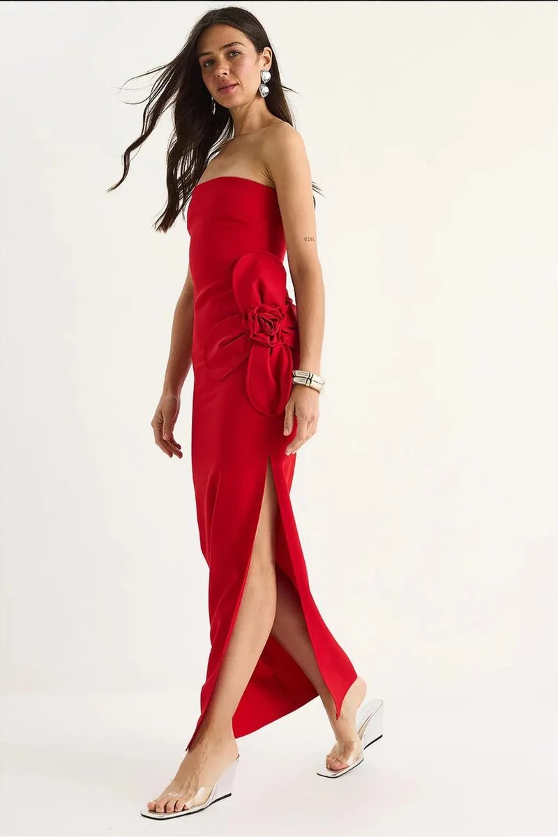 Bianco Lucci LUCCI Strapless Floral Maxi Dress with Bow Detail