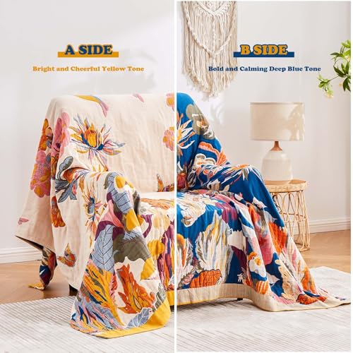 XIBLC Boho Throw Blanket 100 Cotton Ultra Soft Luxury Throw Rustic Quilt 50x60 Floral Bird Butterfly Farmhouse Decor Bed Blankets All Season Rustic Reversible Bohemian Throw for Bed Yellow - Image 3