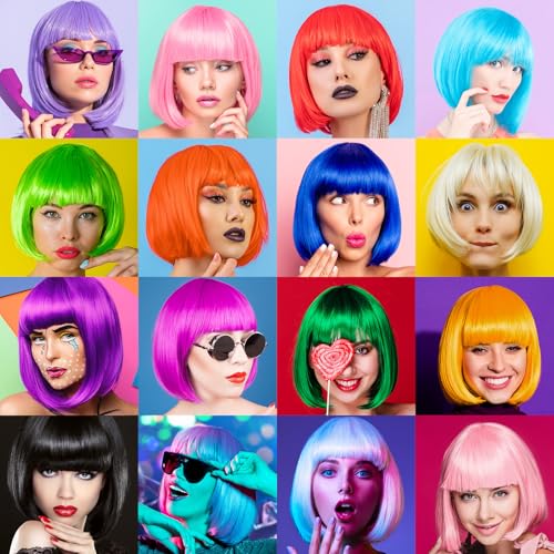 PLULON 20 Pieces Party Wigs and Sunglass Set, Neon Short Bob Wig Sunglass Pack Costume Colorful Cosplay Wig Daily Party Hairpieces for Bachelorette Neon Party Favors, Halloween Decorations - Image 2