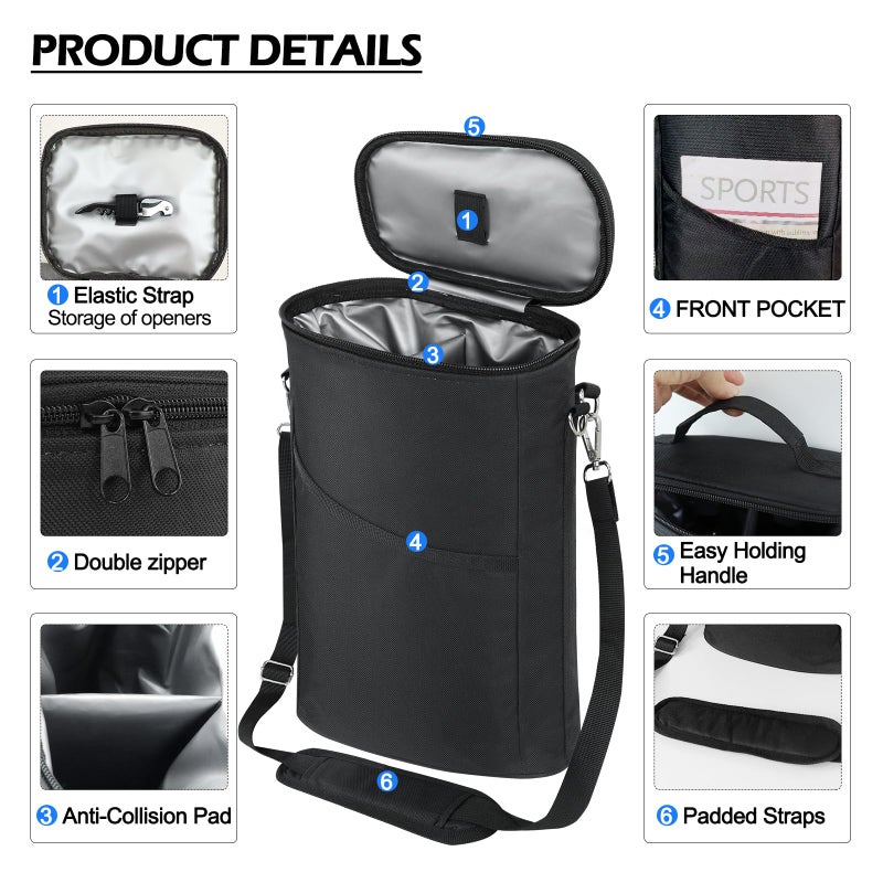 bruwaa 2 Bottle Wine Cooler Bag, Leakproof Insulated Padded Wine Gift Tote Carrier with Handle and Adjustable Shoulder Strap, for Travel, Wine Tasting, Party, Christmas Gift for Wine Lover - Black - Image 4