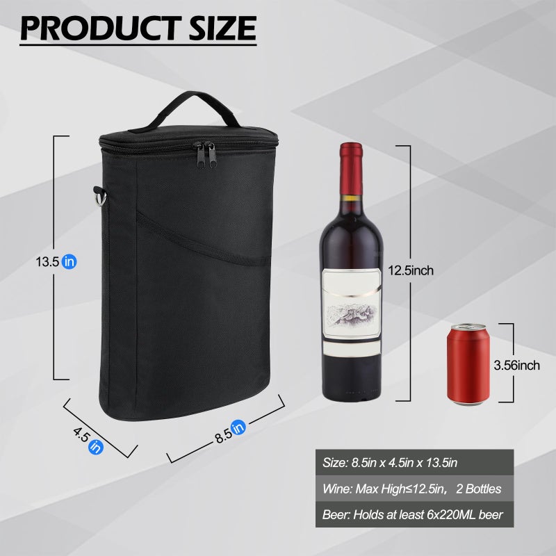 bruwaa 2 Bottle Wine Cooler Bag, Leakproof Insulated Padded Wine Gift Tote Carrier with Handle and Adjustable Shoulder Strap, for Travel, Wine Tasting, Party, Christmas Gift for Wine Lover - Black - Image 2