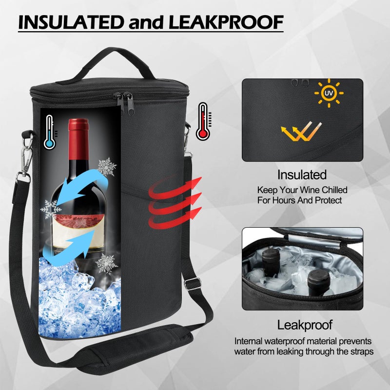 bruwaa 2 Bottle Wine Cooler Bag, Leakproof Insulated Padded Wine Gift Tote Carrier with Handle and Adjustable Shoulder Strap, for Travel, Wine Tasting, Party, Christmas Gift for Wine Lover - Black - Image 3