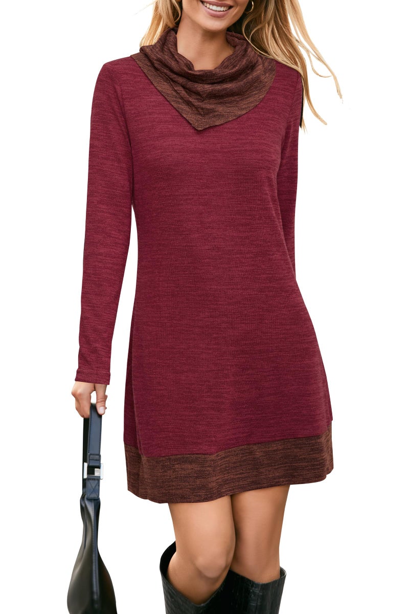 STYLEWORD Women's Tunic Tops for Leggings Long Sleeve Cowl Neck Winter Sweater Shirt Dress Fall Fashion 2024(Wine,XL) - Image 1