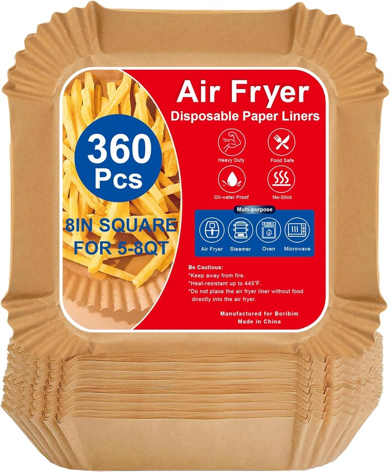 Boribim 360 PCS Air Fryer Paper Liners, 8 Inch Square Air Fryer Liners Disposable, Non-Stick and Oil Proof Heavy Duty Parchment Paper for 5-8 QT Airfryer Basket, Roasting and Microwave - Image 1