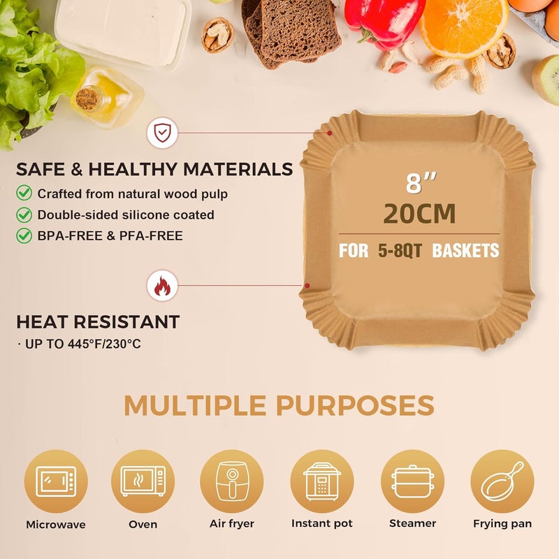 Boribim 360 PCS Air Fryer Paper Liners, 8 Inch Square Air Fryer Liners Disposable, Non-Stick and Oil Proof Heavy Duty Parchment Paper for 5-8 QT Airfryer Basket, Roasting and Microwave - Image 2