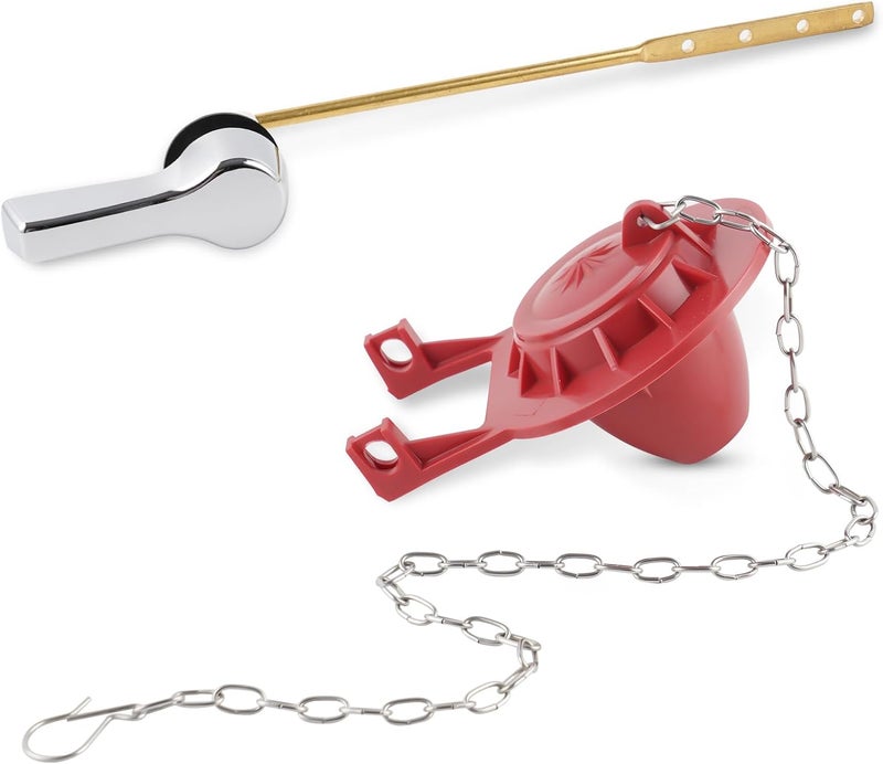 Hibbent Universal Front Mount Toilet Handle Replacement Kit with 2-inch Universal Toilet Flapper, Stainless Steel Flapper Chains, Chrome Finish Toilet Trip Lever and Red Toilet Flapper Replacement Kit - Image 1