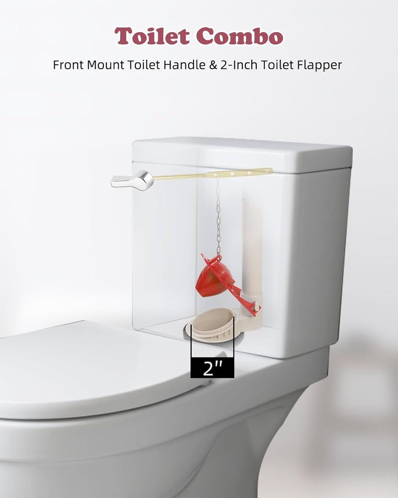 Hibbent Universal Front Mount Toilet Handle Replacement Kit with 2-inch Universal Toilet Flapper, Stainless Steel Flapper Chains, Chrome Finish Toilet Trip Lever and Red Toilet Flapper Replacement Kit - Image 2