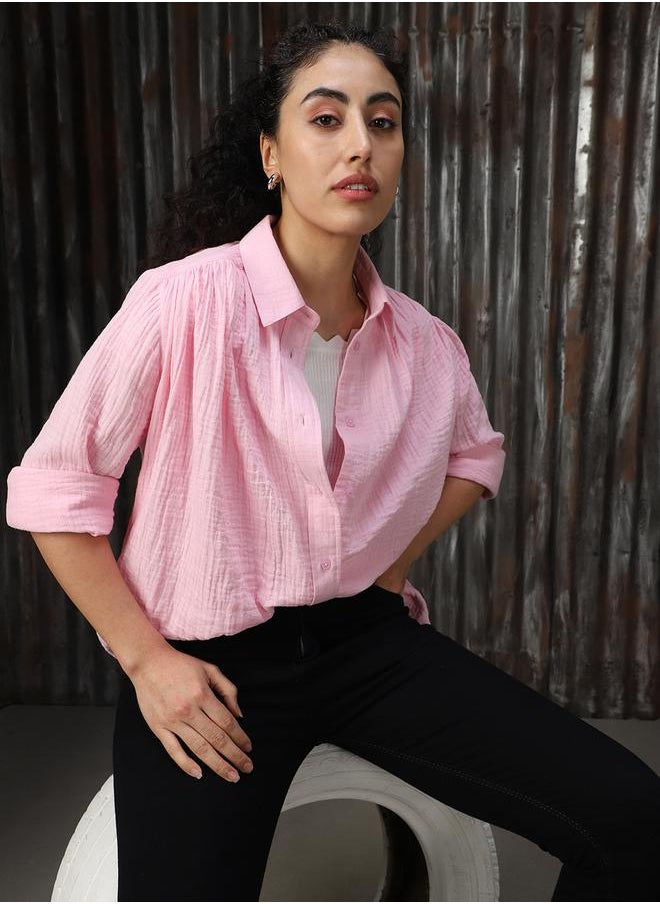 HIGH STAR Women Oversized Solid Cotton with Geathers At Shoulder Casual Shirt  - Image 1