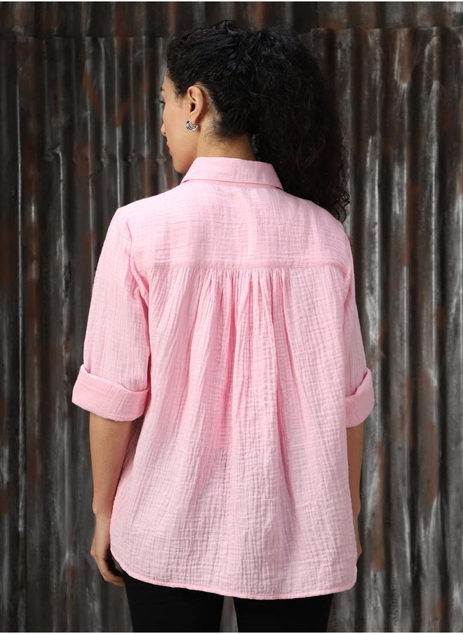 HIGH STAR Women Oversized Solid Cotton with Geathers At Shoulder Casual Shirt  - Image 5