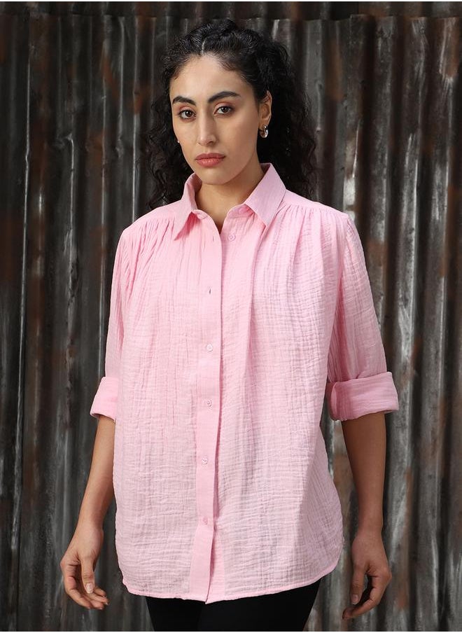 HIGH STAR Women Oversized Solid Cotton with Geathers At Shoulder Casual Shirt  - Image 3