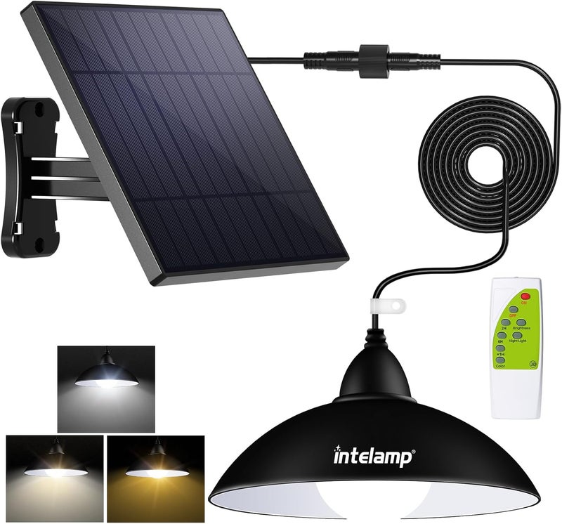 intelamp Solar Pendant Lights Indoor Outdoor, 4000mAh Gazebo Shed Chandeliers with Remote All Day/Night Mode 16.4Ft Hanging Warm White Lighting for Outside Barns Chicken Coop - Image 1