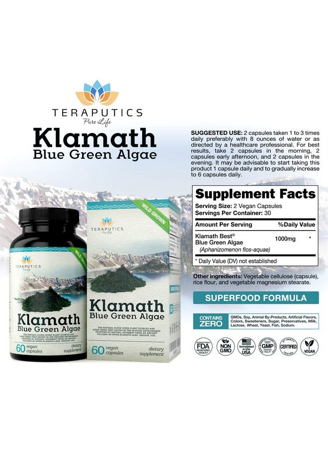 Teraputics - Premium Klamath Blue Green Algae More Powerful Than Spirulina And Chlorella Supplements ; Pure Chlorophyll Rich Superfood Sourced From Organic Klamath Lake 500Mg 60 Vegan Capsules - Image 1