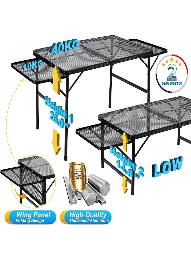 0TO1 TECH Foldable Camping Table with 2 Extendable Wings & Adjustable Height (16.5"-26") - Waterproof Mesh Top for Outdoor Picnic, Beach, Hiking(90CM*60CM) - Image 3