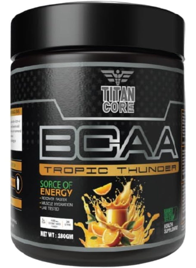 تيتانكور تايتان كور BCAA – أحماض أمينية للاستخدام أثناء التمرين لزيادة التعافي والتحمّل والترطيب – نكهة تروبيك ثاندر – 180 غرام - Image 1