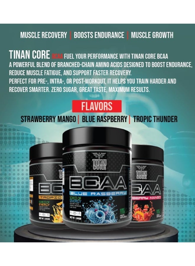 تيتانكور تايتان كور BCAA – أحماض أمينية للاستخدام أثناء التمرين لزيادة التعافي والتحمّل والترطيب – نكهة تروبيك ثاندر – 180 غرام - Image 2