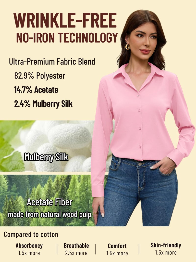 COUXILY Womens Pink Button Down Shirt Blouse Women Long Sleeve Silk Shirts Up Business Slim Fit Tops for Collar Woman Fitted Women's Ladies Dress Collared Work Blouses Dressy Casual Top Pink Size M - Image 3