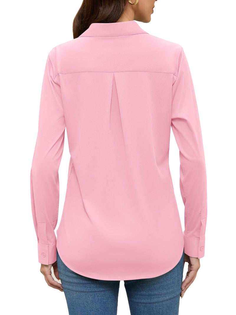 COUXILY Womens Pink Button Down Shirt Blouse Women Long Sleeve Silk Shirts Up Business Slim Fit Tops for Collar Woman Fitted Women's Ladies Dress Collared Work Blouses Dressy Casual Top Pink Size M - Image 5