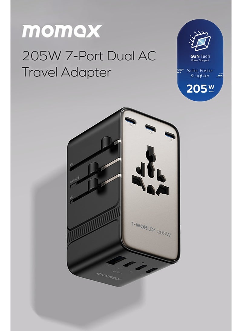 Momax 1-World2 205W GaN 7-Ports Universal Travel Adapter Dual AC With USB-C to USB-C Cable Included (UA28L) - Desert Titanium - Image 3