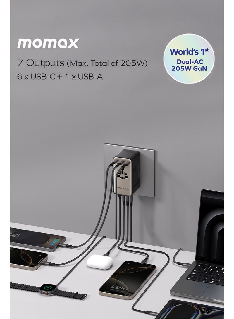 Momax 1-World2 205W GaN 7-Ports Universal Travel Adapter Dual AC With USB-C to USB-C Cable Included (UA28L) - Desert Titanium - Image 2