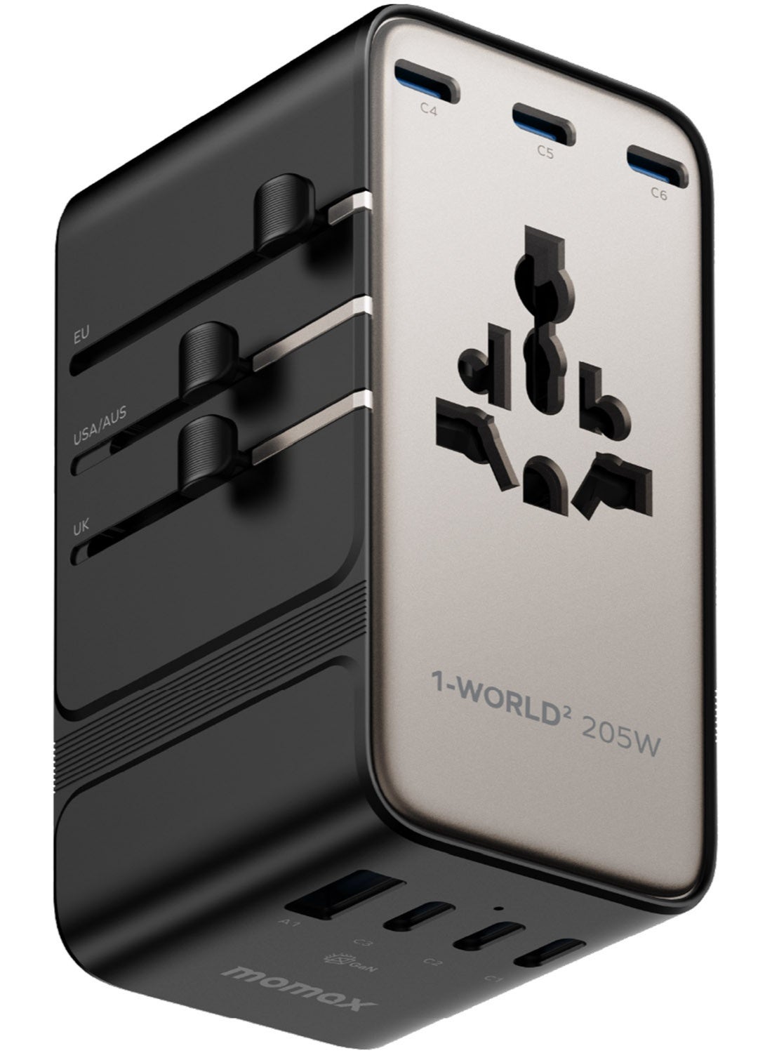 Momax 1-World2 205W GaN 7-Ports Universal Travel Adapter Dual AC With USB-C to USB-C Cable Included (UA28L) - Desert Titanium