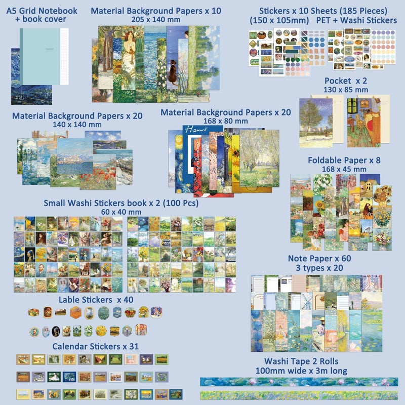 emmoolife Scrapbooking Supplies Kit Plus 480Pcs, Vintage Van Gogh Oil Painting Aesthetic Scrapbook Kit for Bullet Junk Journal, DIY Journaling Supplies, Stationery, A5 Grid Notebook, Craft Gift Kid Girl - Image 2