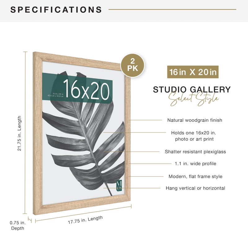 أم سي أس MCS Studio Gallery 16x20 Poster Frame Natural Woodgrain Vertical & Fenizontal Wall Hanging إطار صورة كبير للصور الملصقات والمطبوعات الفنية (حزمة) - Image 4