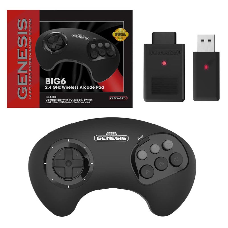 RetroBit BIG6 24 GHz Sega Genesis Wireless Arcade Controller Pad for Sega Genesis OriginalMini Switch PC Mac Black