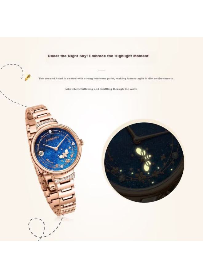 Rossini Automatic Mechanical Watch For Women, Blue Dial Steel Strap Birthday Gift For Girlfriend, Chinese Brand Elegant Luminous Watch 5210082 - Image 3