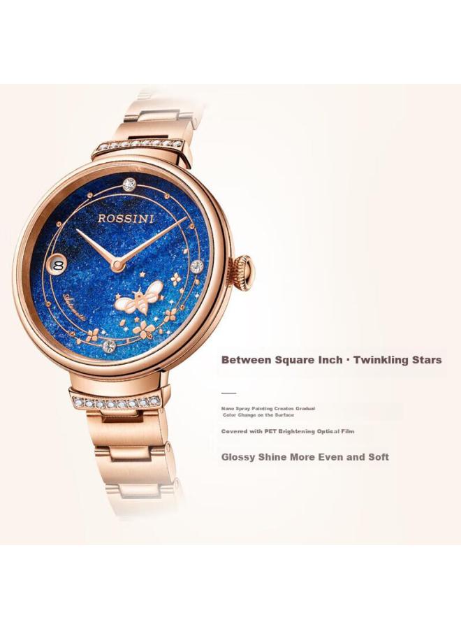Rossini Automatic Mechanical Watch For Women, Blue Dial Steel Strap Birthday Gift For Girlfriend, Chinese Brand Elegant Luminous Watch 5210082 - Image 2
