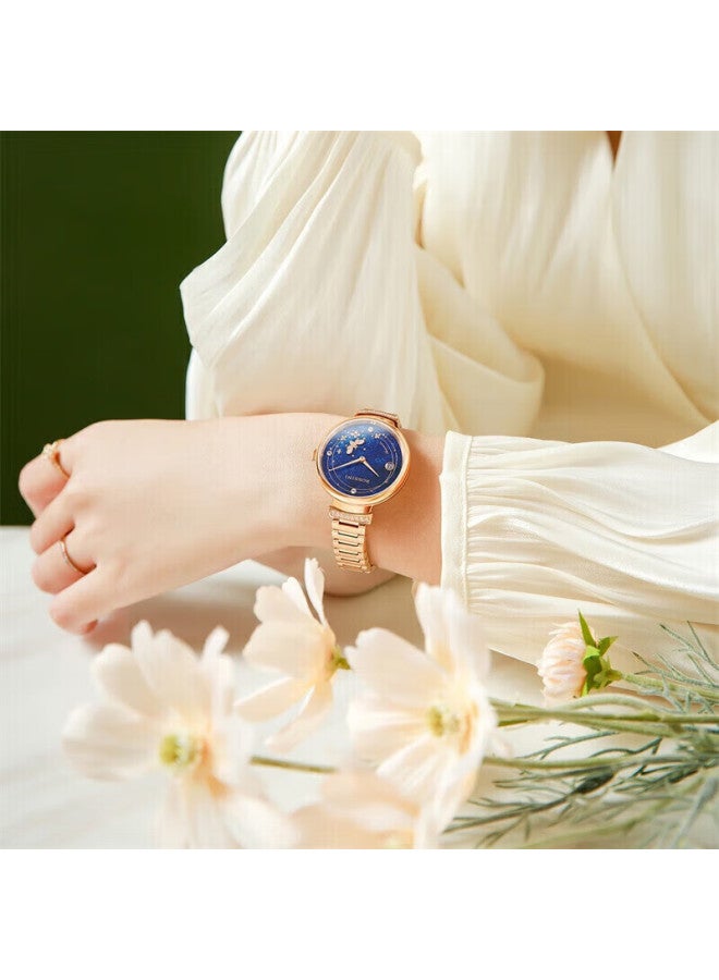 Rossini Automatic Mechanical Watch For Women, Blue Dial Steel Strap Birthday Gift For Girlfriend, Chinese Brand Elegant Luminous Watch 5210082 - Image 1