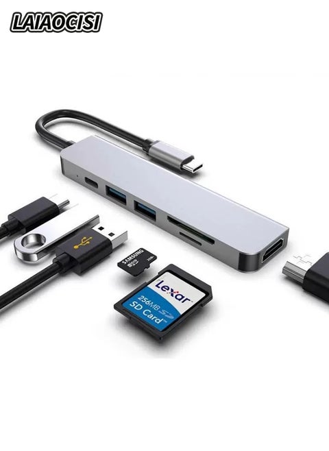 6 في 1 USB-C Hub لماك بوك برو نوع C محول قارئ بطاقة SD متعدد المنافذ 4K HDMI يوسبي وصلت يوسبي جالكسي