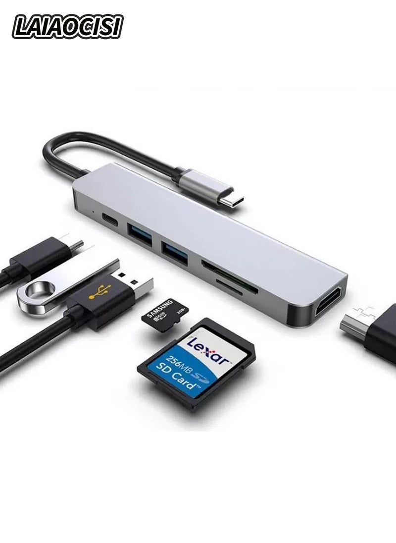 6 في 1 USB-C Hub لماك بوك برو نوع C محول قارئ بطاقة SD متعدد المنافذ 4K HDMI يوسبي وصلت يوسبي جالكسي