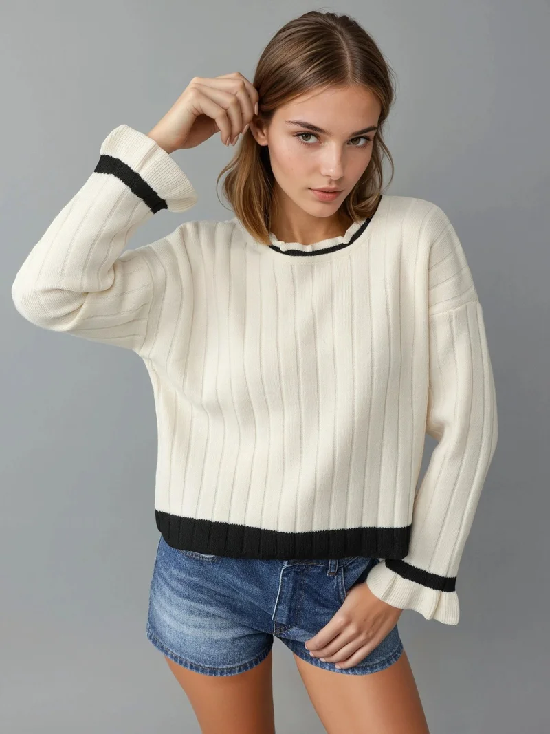 MY FASHION MY FASHION Striped Knit Sweater with Crew Neck