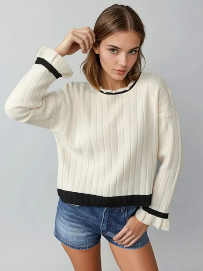 MY FASHION MY FASHION Striped Knit Sweater with Crew Neck