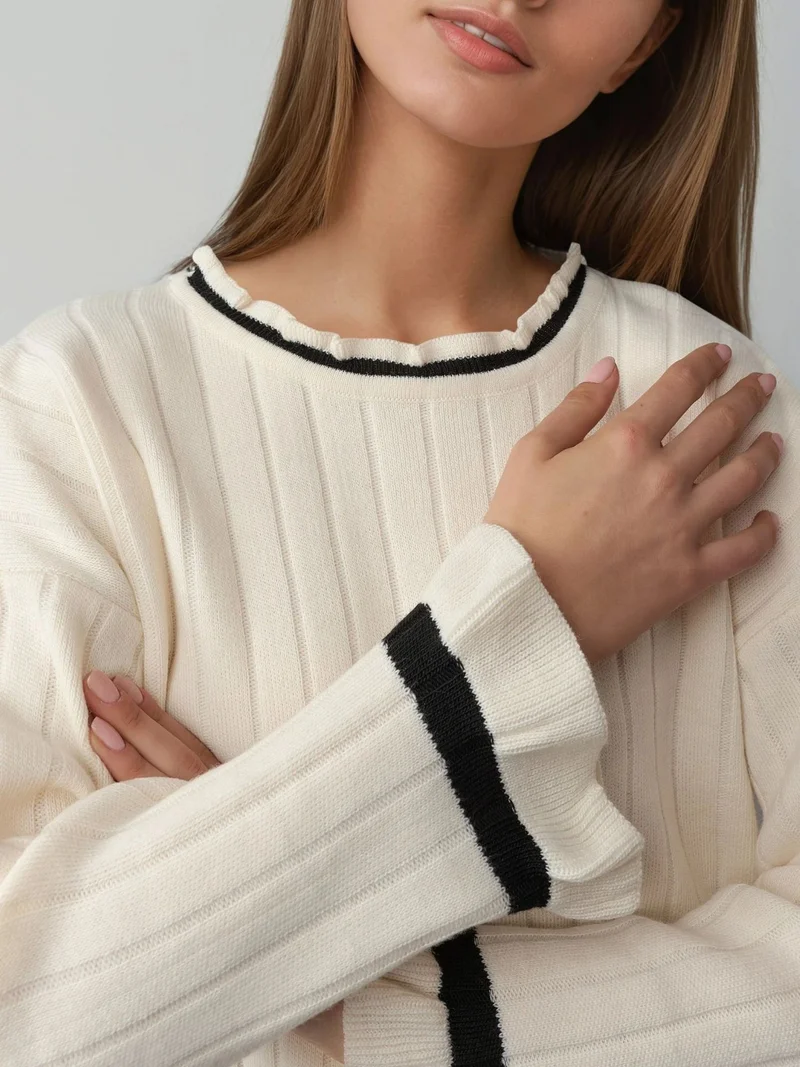 My Fashion Cream Natural MY FASHION Striped Knit Sweater with Crew Neck for Women | Best Price UAE