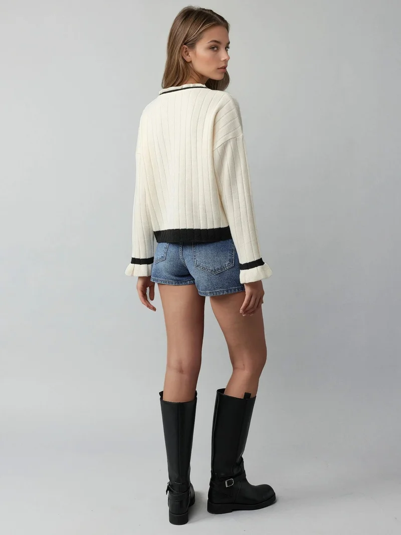 My Fashion Cream Natural MY FASHION Striped Knit Sweater with Crew Neck for Women | Best Price UAE