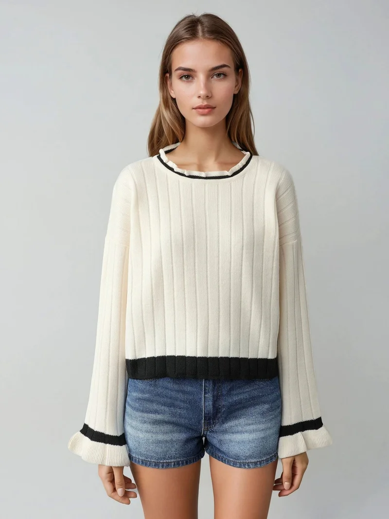 My Fashion Cream Natural MY FASHION Striped Knit Sweater with Crew Neck for Women | Best Price UAE