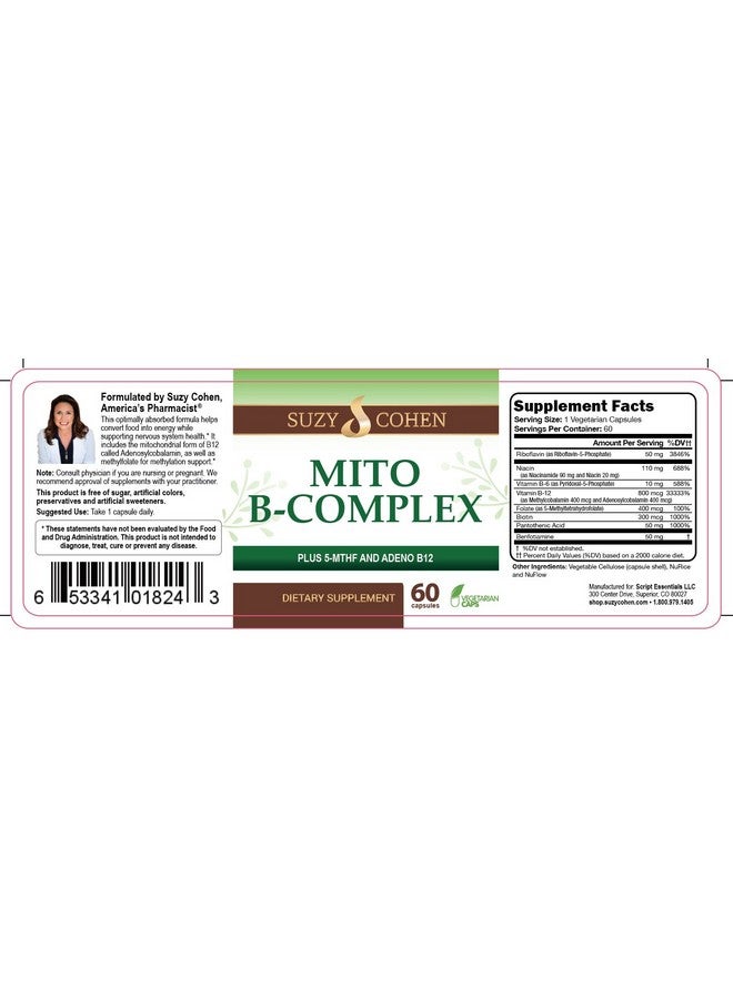 Script Essentials Suzy Cohen, Mito B Complex Dietary Supplement, 5-MTHF, Adeno B12, Methylation Support, Supports Healthy Nervous System, Boost Energy, Vitamin B, 60 Servings - Image 5