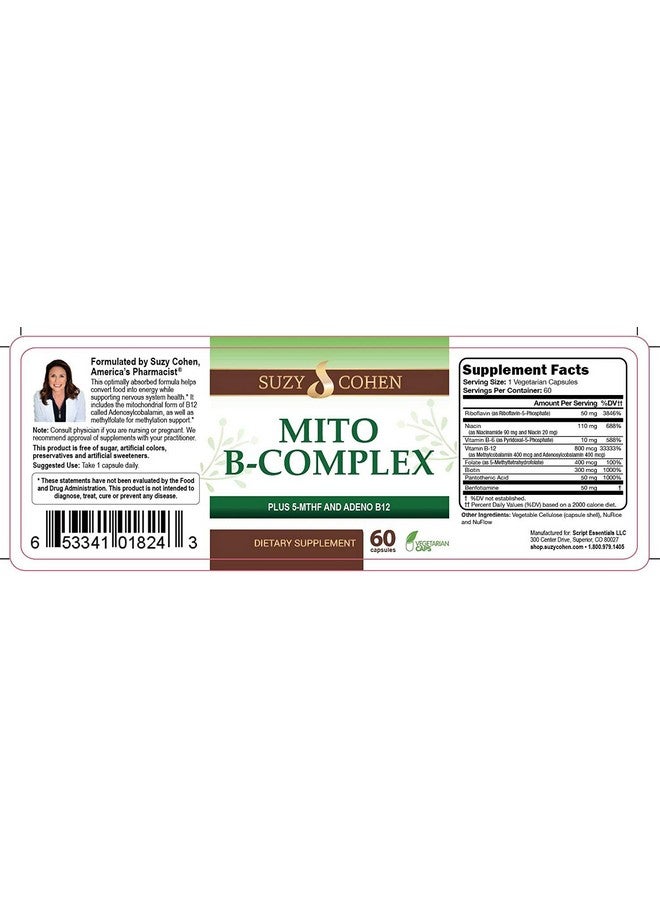 Script Essentials Suzy Cohen, Mito B Complex Dietary Supplement, 5-MTHF, Adeno B12, Methylation Support, Supports Healthy Nervous System, Boost Energy, Vitamin B, 60 Servings - Image 3