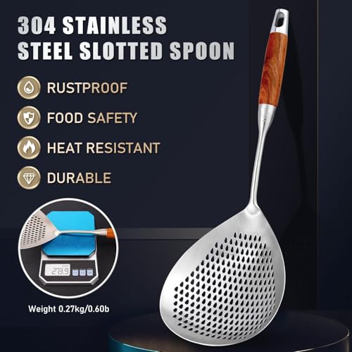 Rexez Large Skimmer Slotted Spoon – 304 Stainless Steel Skimmer Spoon with Wooden Handle – Deep Fryer Scoop Heat Resistant Ladle for Frying, Cooking & Draining – Kitchen Strainer Tool - Image 5