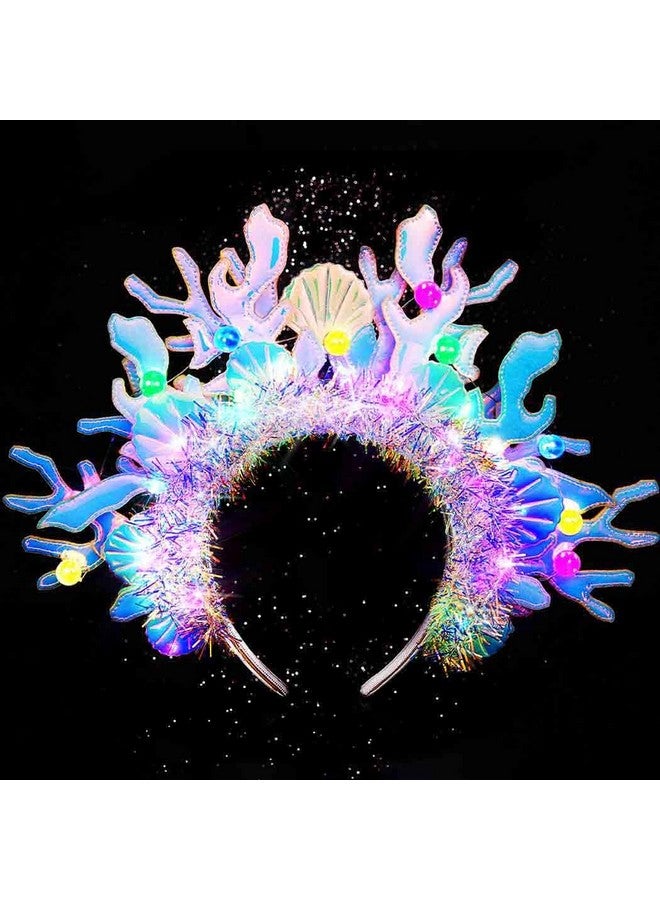 JAKAWIN JAKAWIN Light Up Mermaid Headband Glowing Coral Hair Band Seashell Pearl Led Ocean Costume Hair Accessories for Women  - Image 1